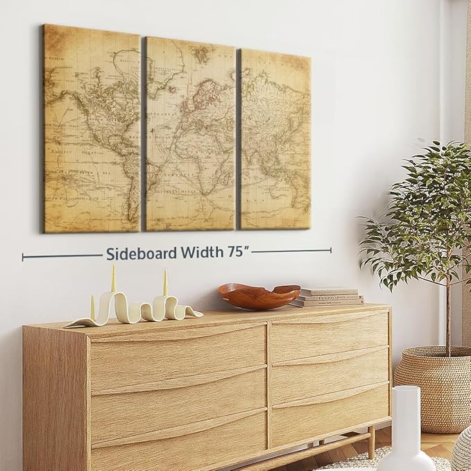 ElephantStock Old Century World Map Wall Art Multi Piece Canvas - 3 Piece Canvas World Map Wall Decor - Decor Ready-to-Hang Print - Vintage Wall Art - 65" X 42"