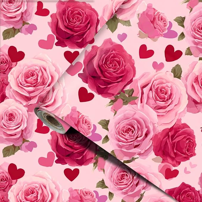 Rose Heart PVC Wallpaper Sticker 39.37x15.75 Inch Pink Flower Pattern Self Adhesive Decorative Wall Decal for Bedroom Living Room Valentine Home Decor