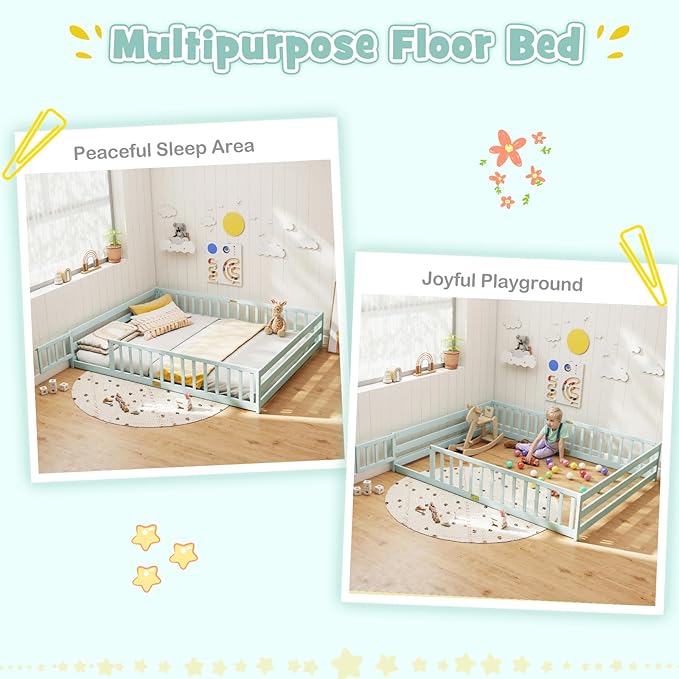 KOMFOTT Queen Size Wood Floor Bed with Door & Fence, Montessori Bed Frame with Full Length Safety Guardrails, Door & Latch, Wooden Montessori Floor Bed for Kids, Girls, Boys (Queen,Light Green)