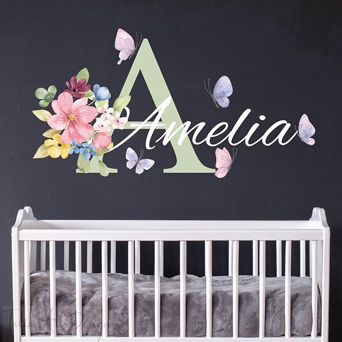 Butterfly Name Wall Sticker, Flower Custom Name Initial Name Wall Decals for Girls Room and Nursery