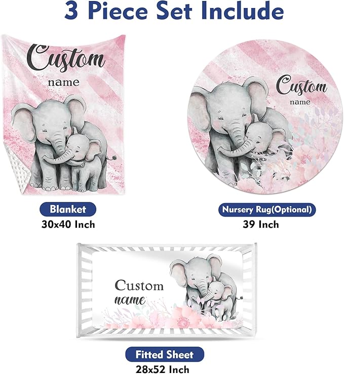 Custom Baby Crib Bedding Set - Pink Elephant Design Personalized Name Baby Nursery Bedding 3 Pcs Set - Chic Soft Blanket, Fitted Sheet, Room Rug for Newborns Boys Girls Gifts