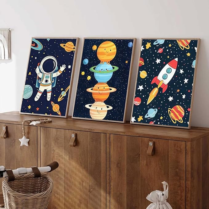 3Pcs Space Nursery Wall Art Whimsical Outer Space Astronauts Kid Decor Pictures Rocket Planet Posters Prints for Boys Room Girls Room Kids Room Decoration Unframed