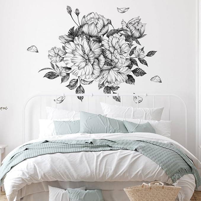 Zonon 6 Pcs Flowers Wall Decals Stickers Vinyl Removable Peel and Stick Colorful Dragonflies Floral Wall Murals Decor for Bedroom Living Room Nursery(Floral Peony)