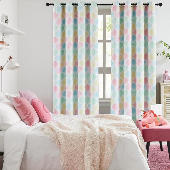 Full Blackout Curtains 95 Inches Long 2 Panels Colorful Moroccan Geo Lattice Drapes Room Darkening Thermal Insulated Grommet Window Treatments Sets for Nursery Girl Baby Bedroom, 52" W