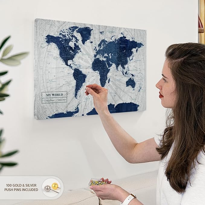 ElephantStock - My World Push Pin Map V Wall Art - Horizontal Canvas Wall Art - Living Room Wall Decor - Unique Map Canvas Art - Gray And Blue Decor - 24" x 16"