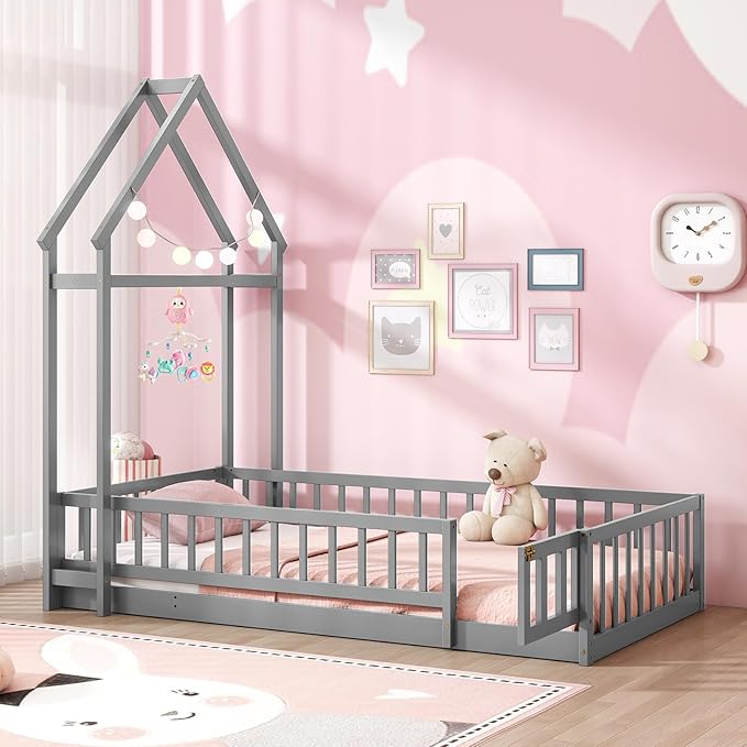MAT EXPERT Twin Floor Bed with House-Shaped Headboard, Montessori Kids Bed with Detachable Clothes Hanger, Full Length Safety Guardrails, Solid Wood Twin Bed Frames for Kids (Gray)