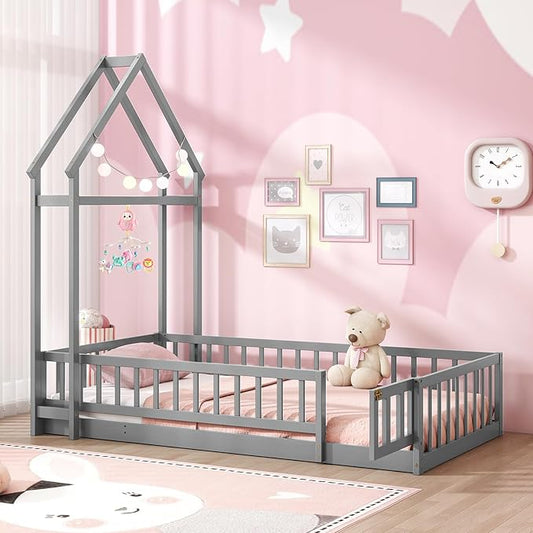 MAT EXPERT Twin Floor Bed with House-Shaped Headboard, Montessori Kids Bed with Detachable Clothes Hanger, Full Length Safety Guardrails, Solid Wood Twin Bed Frames for Kids (Gray)