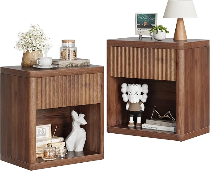 Night Stand Set of 2, Fluted Nightstand with Drawers, Wood Bedside Table with Storage, Mid Century Nightstands Night Stands Bed Side Table for Bedroom, Side Tables End Tables for Living Room