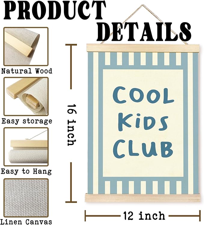 Hiuwevt Kids Room Wall Art, Cool Kids Club Poster Hanger Frame, Preppy Blue Striped Wall Art Home Decor for Boys Toddler Nursery Room Bedroom Playroom, 12x16 Inch