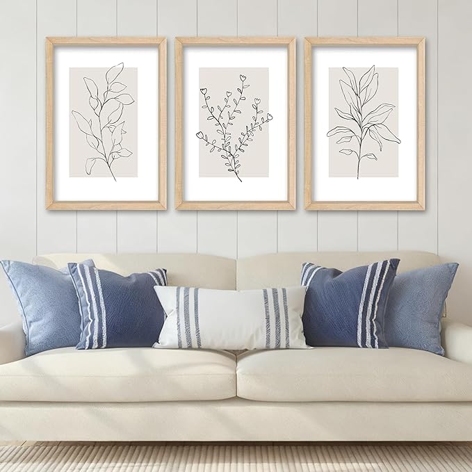 YWJKWLGS Neutral Botanical Prints Framed Wall Art Decor 16x24 Inch Set of 3 Boho Plant pictures Sign minimalist Vintage for Bedroom Office bathroom Wall Hanging (Wood)