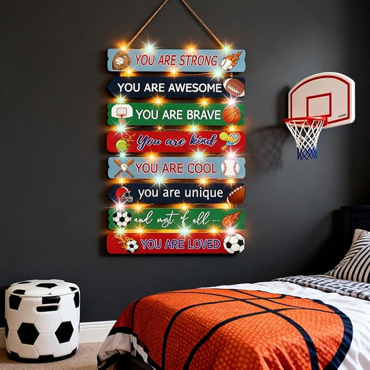 Cool Classic Sport Balls Sign Nursery Wall Decor Set of 8 With LED Lights, 16x5 Modern Motivational Cute Ball Plaque Wall Art for Baby Boy Kid Teen Toddlers, 4 PCS Wooden Quote Gift for Gameroom Gym