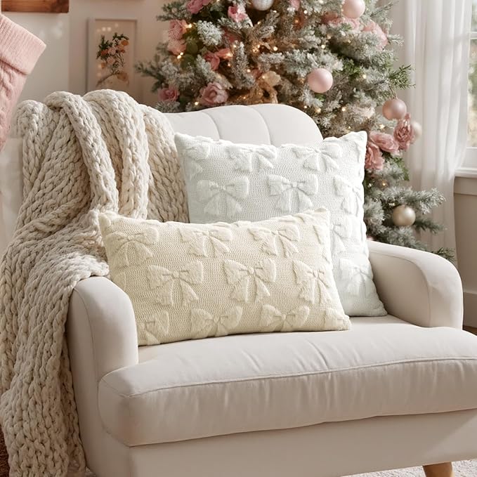 MIULEE Pure White Bow Pillow Covers Christmas Coquette Room Decor Aesthetic Set of 2 Decorative Cute Girl Throw Pillow Soft Plush Faux Pillowcase for Girl Bed Couch Sofa,18x18 Inch