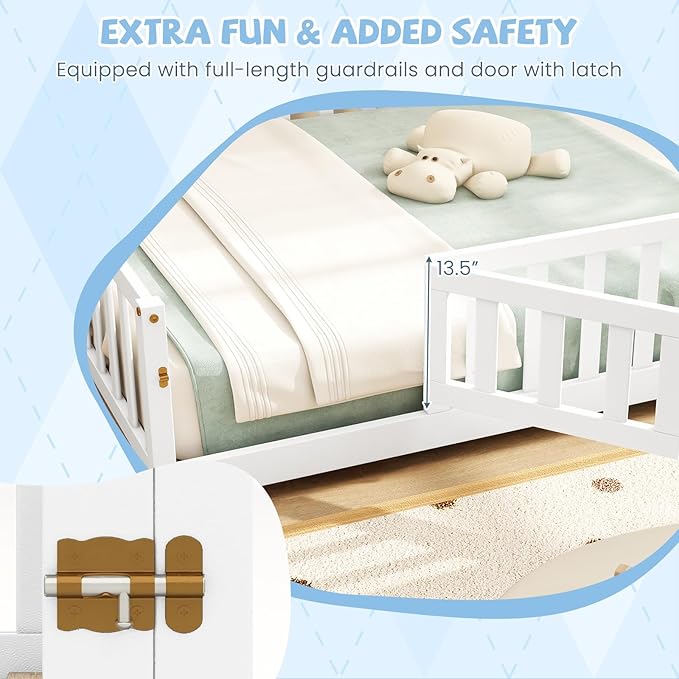 Giantex Full Size Floor Bed for Kids, Low Montessori Bed with Wood Slats & Safety Guardrails, Solid Wood Full Floor Beds with Fence and Door for Kids Boys Girls, White