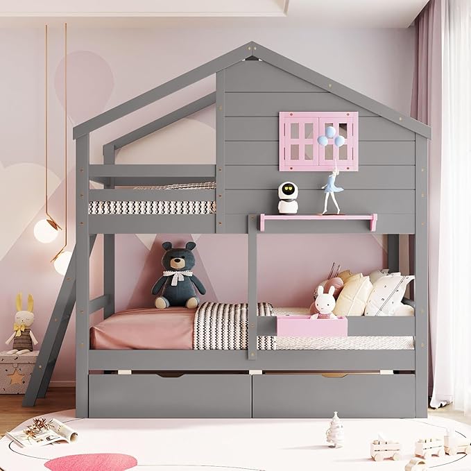 MERITLINE Twin Over Twin House Bunk Bed with Storage Drawers and Storage Box, Solid Wood Bunk Bed with Ladder,Shelf and Roof (Grey)