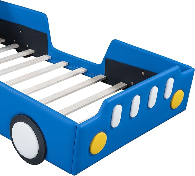 Twin Size Race Car-Shaped Platform Bed with Wheels, Unique Design Floor Bed with PU Leather Headboard and Safety Guardrails, Wood Slat Support for Kids,Boys,Girls (Blue-100A)