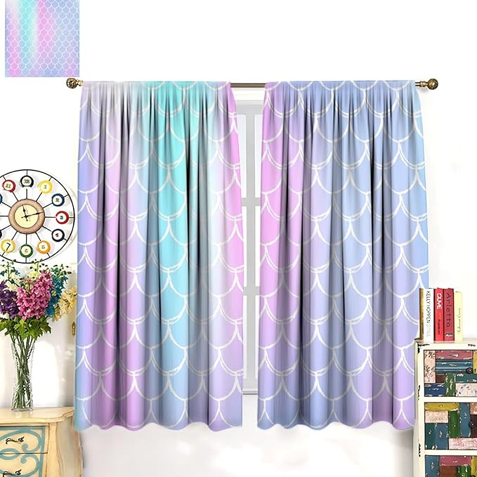 Fantasy Mermaid Curtain Rainbow Mermaid Scales Purple Pink Blue Ocean Theme Dream Blackout Window Treatment for Kids Boys Girls Bedroom Nursery Room Decor Rod Pocket Window Drapes 55x63in