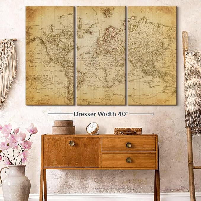 ElephantStock Old Century World Map Wall Art Multi Piece Canvas - 3 Piece Canvas World Map Wall Decor - Ready-to-Hang Print - Vintage Wall Art - 57" X 36"