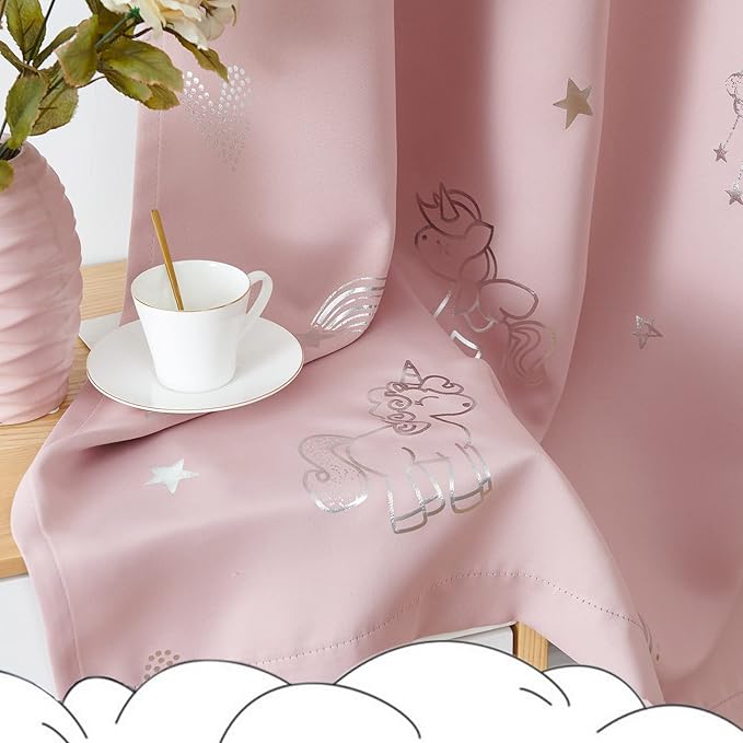 jinchan Pink Blackout Unicorn Curtains for Girls Kids Room Thermal Insulated Room Darkening Rainbow Curtains for Girls Bedroom Living Room Silver Foil Printed Grommet 84 Inch Length Pink 2 Panels