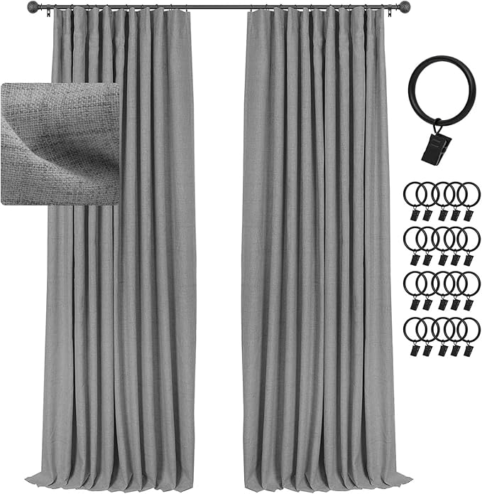 INOVADAY 100% Blackout Curtains for Bedroom, Black Out Curtains 102 Inch Long, Clip Rings Linen Blackout Drapes, Thermal Insulated Room Darkening for Living Room, 2 Panels - DarkgreyW50xL102