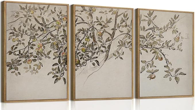 MTFBWY Framed Botanical Apple Tree Wall Art Set of 3, Vintage Nature Branch Canvas Prints, Rustic Farmhouse Plant Wall Art, Neutral Still Life Painting for Living Room Bedroom Office Decor, 24L x 16W