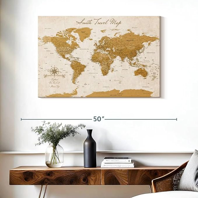 ElephantStock - Personalized Travel Push Pin World Map Wall Art - Horizontal Canvas Wall Art - Living Room Wall Decor - Digital Art Map Canvas Art - Orange And Beige Decor - 39" x 26"