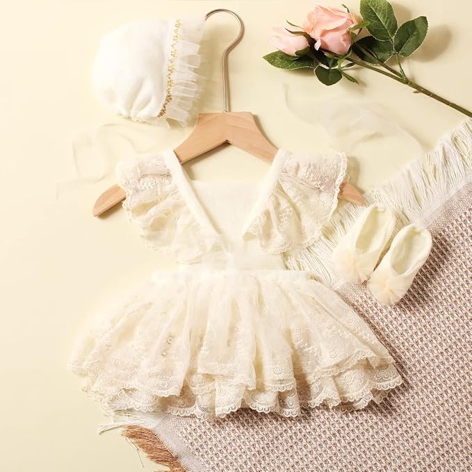 Ylsteed Newborn Photography Props - Lace Romper with Headband, Infant Photo Shoot Outfit for Girls - Dress, Hat, and Shoes Included