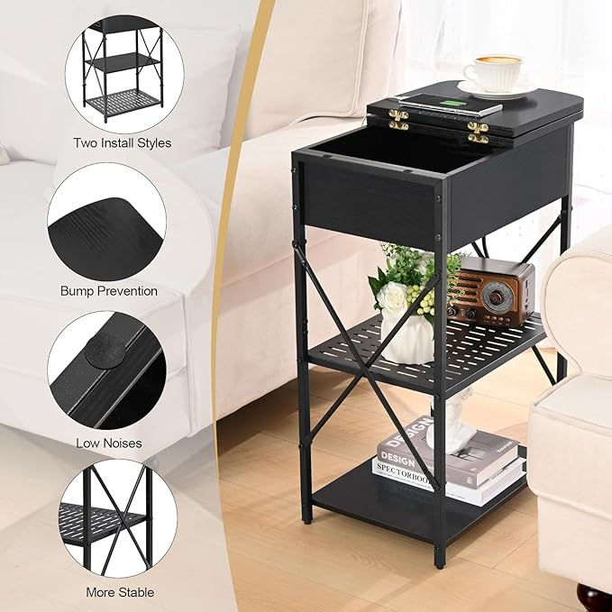 Livofloral Narrow End Table with Charging Station, Side Table with 3 USB Ports and 2 AC Outlets, Flip Top End Table with Storage, Black Side Tables Living Room, Nightstand with Drawer for Bedroom