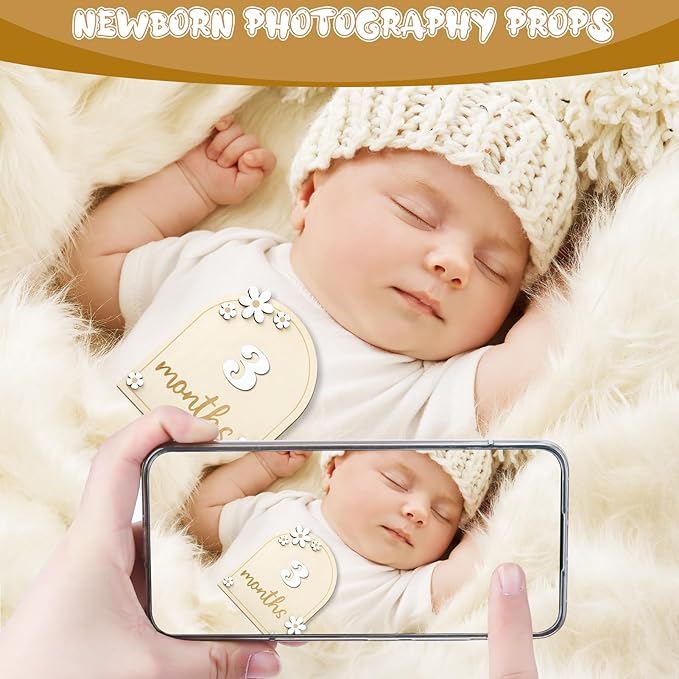 Baby Monthly Milestone Cards with Hello World Newborn Sign, Daisy Baby Milestone Signs Baby Monthly Milestone Wood Discs Baby Announcement Sign for Baby Growth Photo Props