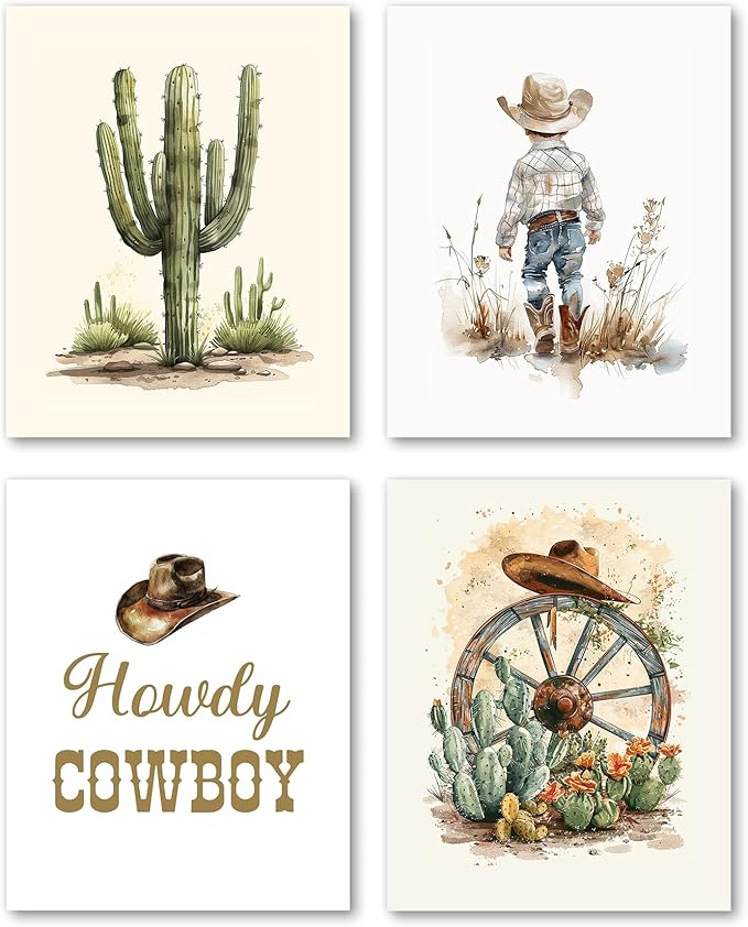 Hxlac Western Cowboy Nursery Wall Art Prints Set of 4 UNFRAMED - Western Wall Decor for Toddler Baby Boy Room, Cowboy Nursery Decor, Howdy Pictures Wall Decor (8x10 Inches)