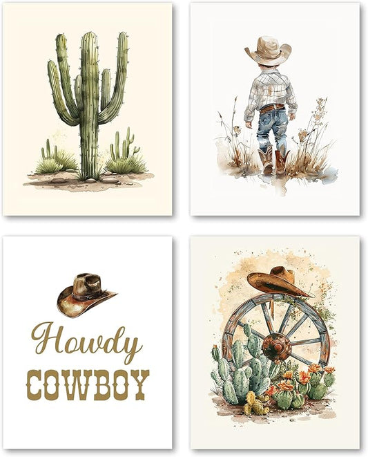 Hxlac Western Cowboy Nursery Wall Art Prints Set of 4 UNFRAMED - Western Wall Decor for Toddler Baby Boy Room, Cowboy Nursery Decor, Howdy Pictures Wall Decor (8x10 Inches)