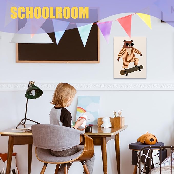 URLLUAE Trendy Sunglasses Bear Canvas Poster Prints 11x14 Inch, Woodland Animal Nursery Decor, Funky Skateboard Bear Animal Canvas Prints Wall Decor for Kids Room Nursery Playroom Classroom