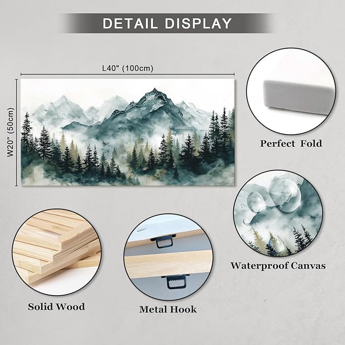Nature Landscape Wall Art for Living Room, Foggy Forest Mountains Canvas Painting Green Blue Modern Farmhouse Wall Decor for Bedroom, Watercolor Woodland Scenery Prints Artwork Home Decoration 20"x40"
