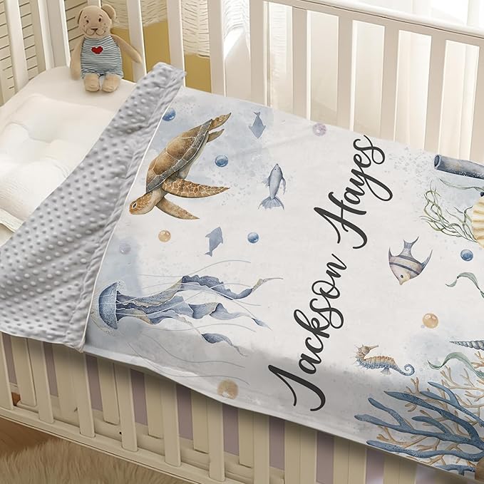 Personalized Baby Blanket with Name, Customized Baby Blanket for Kids Newborns, Soft Flannel with Double Layer Dotted Backing, Customized Gifts for Baby Shower Birthday, Sea Turtle(47" x60)