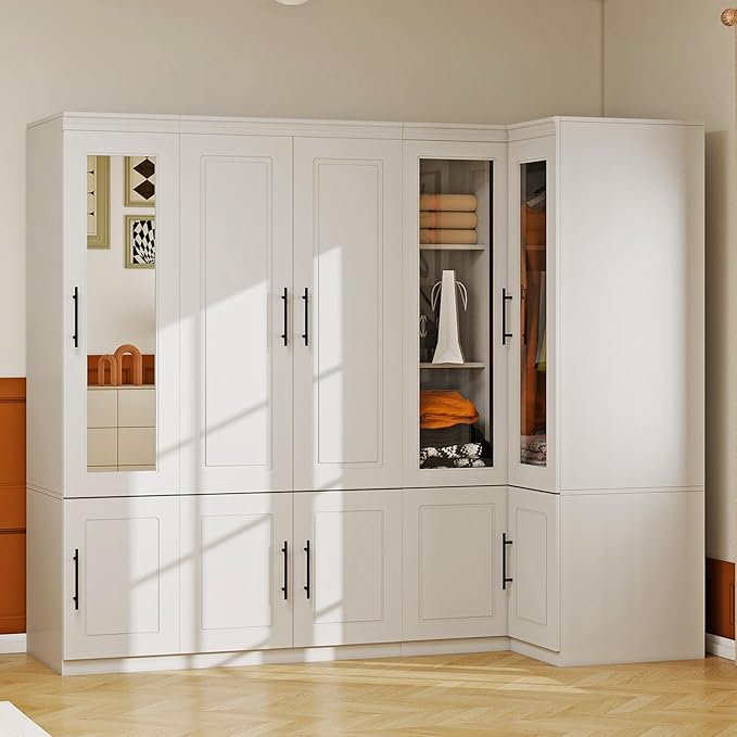 White 5 Door Armoire Wardrobe Closet with Mirror: White Combination Corner Wood Wardrobe Closet Wooden Bedroom Armoire with Hanging Rods for Bedroom/Living Room