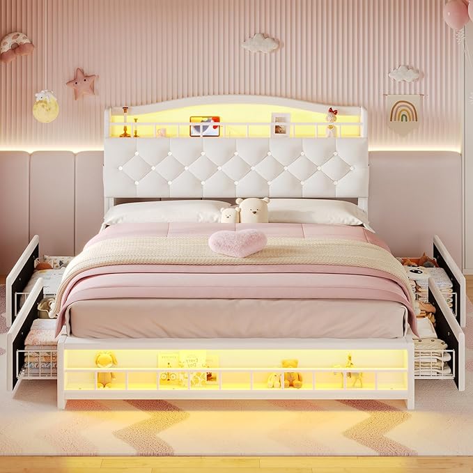 BTHFST Full Bed Frame with Storage Headboard & 4 Drawers, Girl Upholstered Storage Bed with LED Lights & Charging Station, No Box Spring Needed, Easy Assembly, Beige