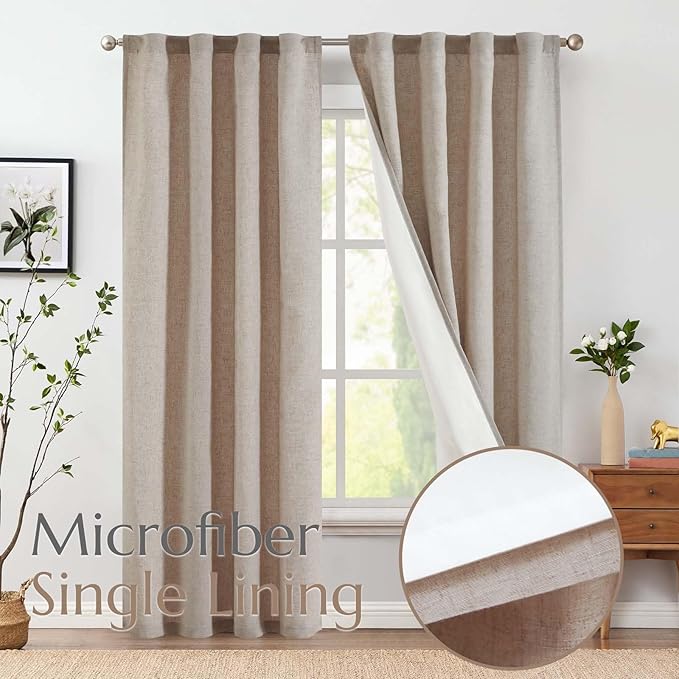 jinchan Linen Curtains with Privacy Lining 84 Inch Length Taupe Brown Farmhouse Closet Lined Drapes for Small Narrow Window Bedroom Living Room Bay Window 2 Panels Rod Pocket Back Tab