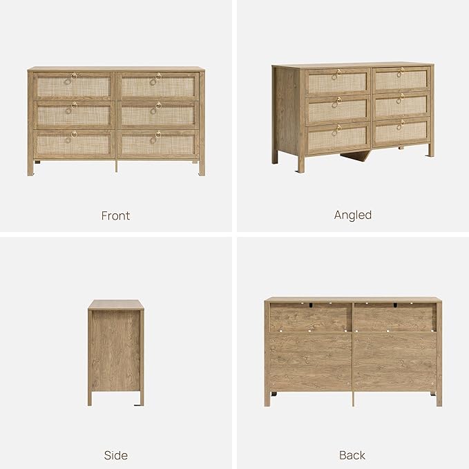 SICOTAS 6 Drawer Dresser for Bedroom - 2 Pieces 51" Wide Rattan Dressers Chest of Drawers for Closet, Larger Storage Cabinet Farmhouse Boho Dresser TV Stand for Living Room, Hallway (Carbon Cherry)
