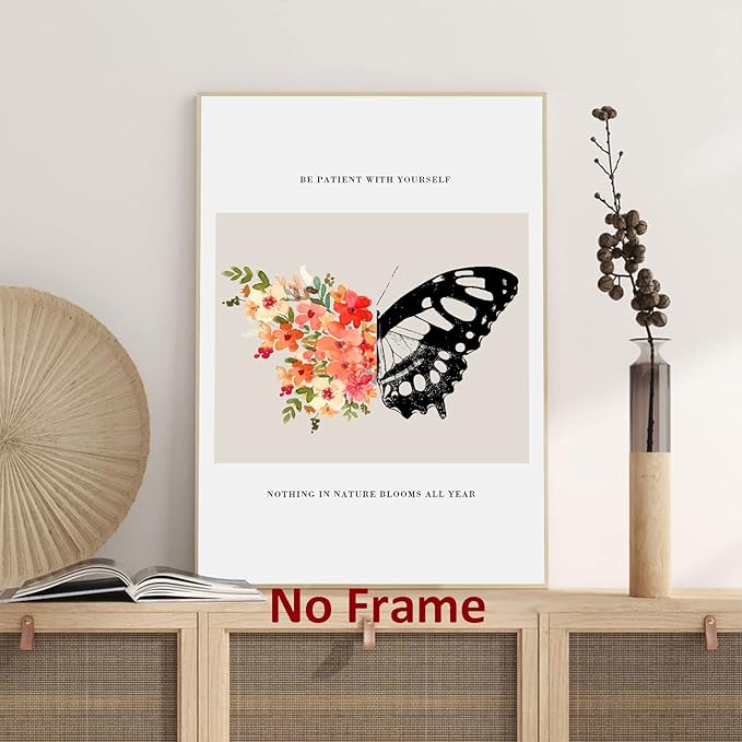 Be Patient with Yourself Art Butterfly Flower Picture Mental Health Wall Art Watercolor Flower Poster Positive Affirmations Pictures Black Butterfly Painting for Living Room Bedroom 16x24in Frameless