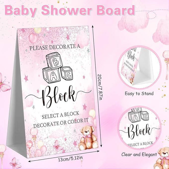 Marsui 136 Pcs Baby Shower Blocks to Decorate Game Kit Includes 98 Wooden Blocks, 36 Markers, 1 Game Sign, 1 Storage Box for Baby Shower Gender Reveal Activity Party Decorations(Pink Bear)