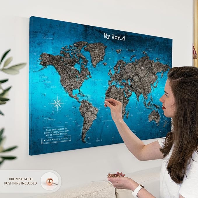 ElephantStock - My World Push Pin Travel Map Iii Wall Art - Horizontal Canvas Wall Art - Living Room Wall Decor - Digital Art Map Canvas Art - Turquoise And Blue Decor - 39" x 26"
