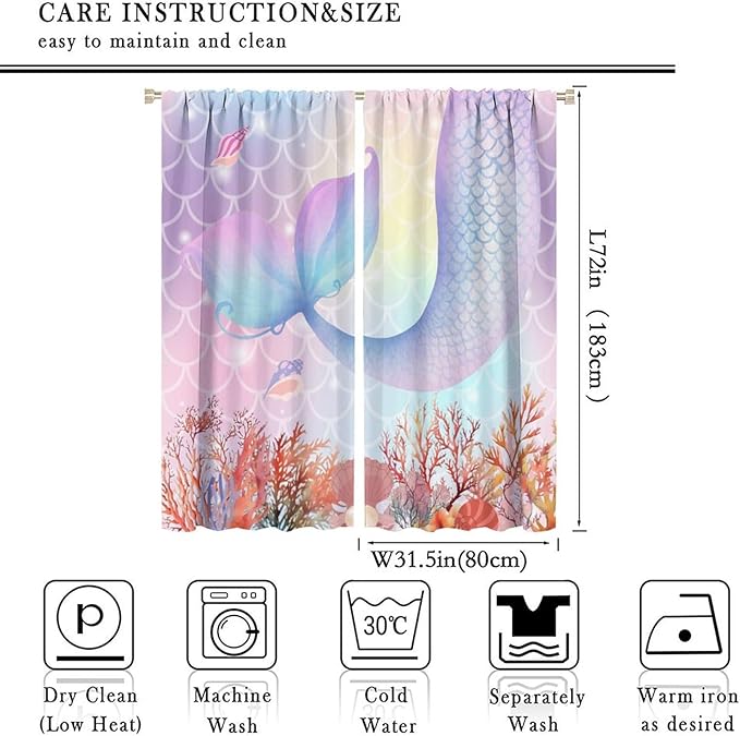 Dream Mermaid Curtains Colorful Mermaid Fish Tail Scale Fantasy Ocean Theme Beautiful Kids Window Treatment for Girls Bedroom Nursery Room Decor Rod Pocket Window Drapes 63x72in