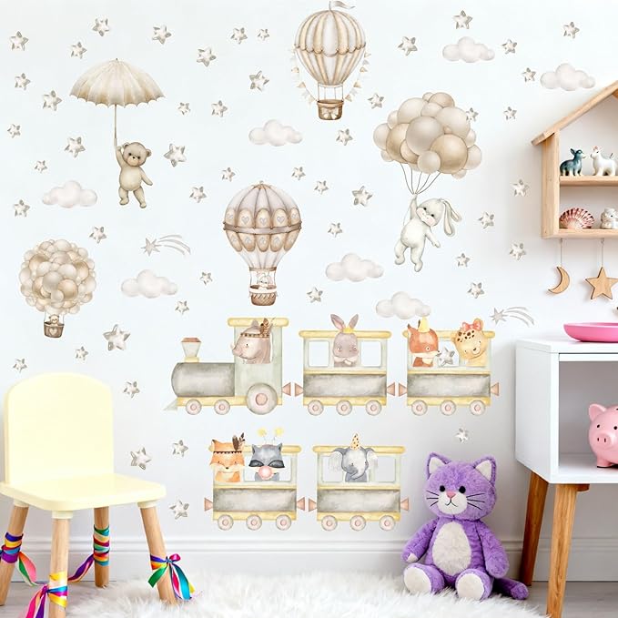 Train Animal Wall Decals Cartoon Hot Air Balloon Animal Wall Stickers Watercolor Star Cloud Decals Boho Nursery Decal Cute Animal Train Stickers for Kids Bedroom Baby Room Playroom Decor