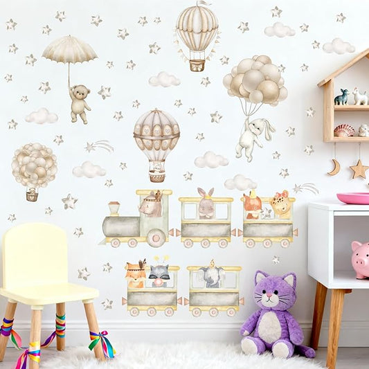 Train Animal Wall Decals Cartoon Hot Air Balloon Animal Wall Stickers Watercolor Star Cloud Decals Boho Nursery Decal Cute Animal Train Stickers for Kids Bedroom Baby Room Playroom Decor