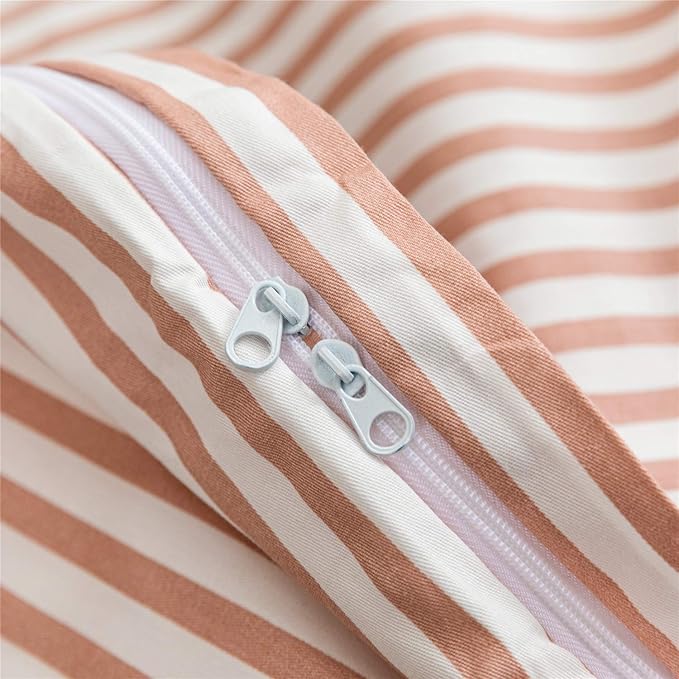 JELLYMONI 100% Natural Cotton 2pcs Striped Duvet Cover Sets,White Duvet Cover with Pink Stripes Pattern Printed Comforter Cover,with Zipper Closure & Corner Ties(Twin Size)
