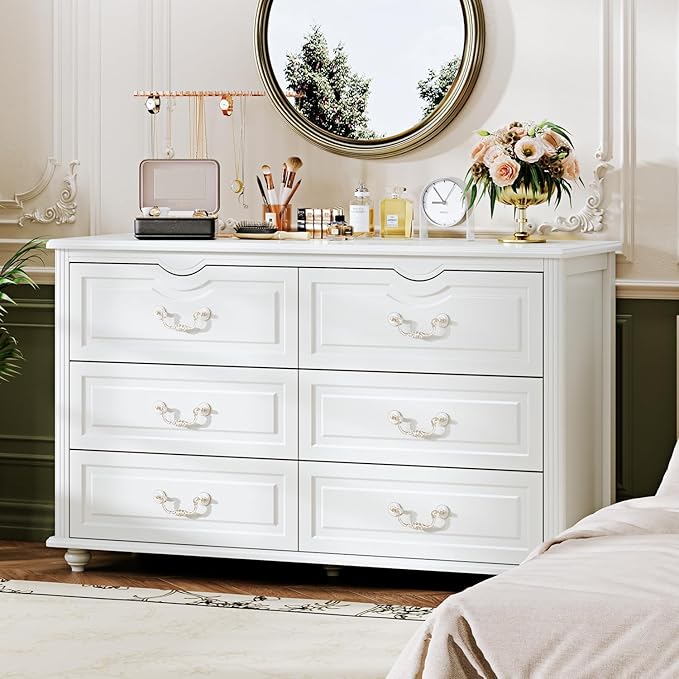Modern 6 Drawers Dresser Chests for Bedroom,TV Stand,47.2 Wide Chest of Drawers with Handle,Clothes Organizer,Large Storage Cabinet for Living Room,Hallway,with Anti-Tipping Device,White