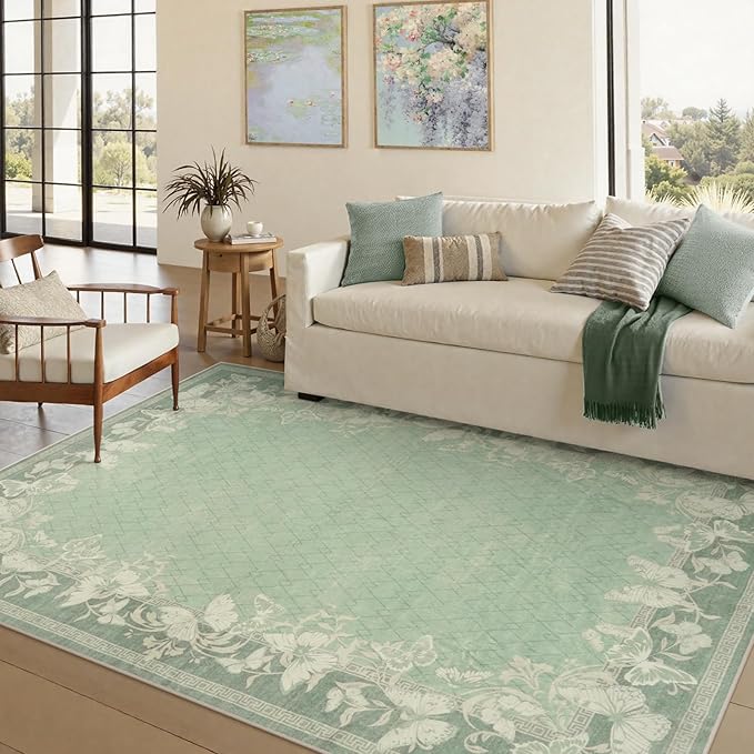 STARUIA Green Rugs for Living Room, 5x7 Washable Butterfly Area Rugs for Bedroom, Non-Slip Soft Farmhouse Carpets for Dining Room Office Guest Room Nursery Kids Room Decor (Green,5'x7')