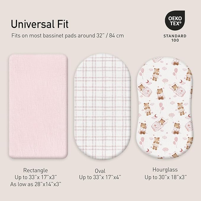 Gllquen Baby Muslin Bassinet Sheets 3 Pack, Breathable Elastic Cozy Fitted Cotton Bassinet Mattress Sheet for Baby Boy Girls, Fit for Hourglass Oval Rectangular Cradle Pad Sheets 33"x17" (Bear Dream)