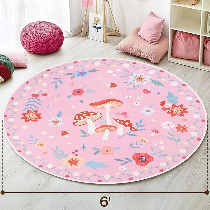 6' Machine Washable Round Area Rug, Non-Slip Vintage Floral Circle Floor Rugs for Kids, Low Pile Room Carpet for Living Room, Bedroom, Dining Room & Nursery(6' Pink Mushroom)
