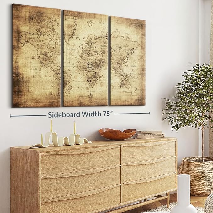 ElephantStock Ancient World Map Wall Art Multi Piece Canvas - 3 Piece Canvas World Map Wall Decor - Wall Decor - Ready-to-Hang Print - Vintage Wall Art - 74" X 48"