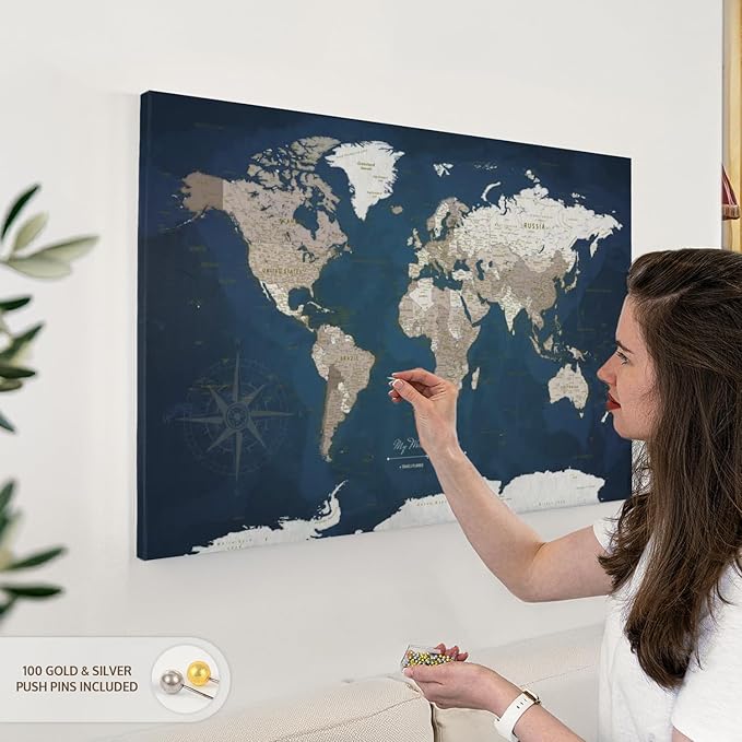 ElephantStock - My World Adventures Push Pin Travel Map I Wall Art - Horizontal Canvas Wall Art - Living Room Wall Decor - Printmaking Map Canvas Art - Blue And Beige Decor - 36" x 24"